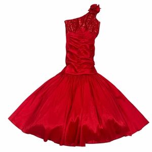 Jessica McClintock Vintage Red One Shoulder Sequin Top Red Gown